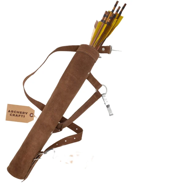 Brown Leather Archery Quiver – Traditional Suede Arrow Holder with Adjustable Shoulder & Waist Strap