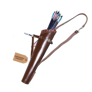 Brown leather archery quiver with adjustable strap
