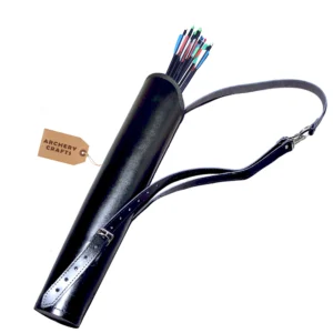 Black leather archery quiver with adjustable strap