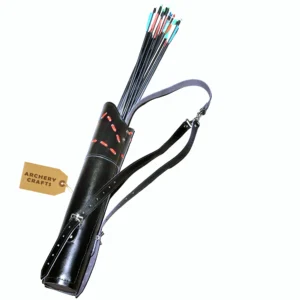 Black leather archery quiver with adjustable strap