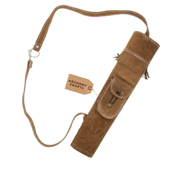 leather archery back quiver brown suede front pocket close up