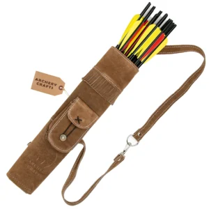 leather archery back quiver brown suede with arrows inserted