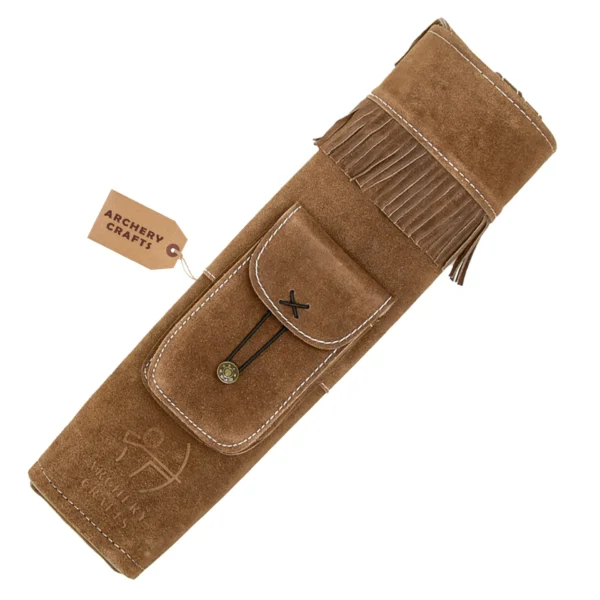 leather back quiver suede brown front view with pocket and fringes