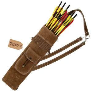 leather back quiver suede brown front view with pocket, arrows and fringes